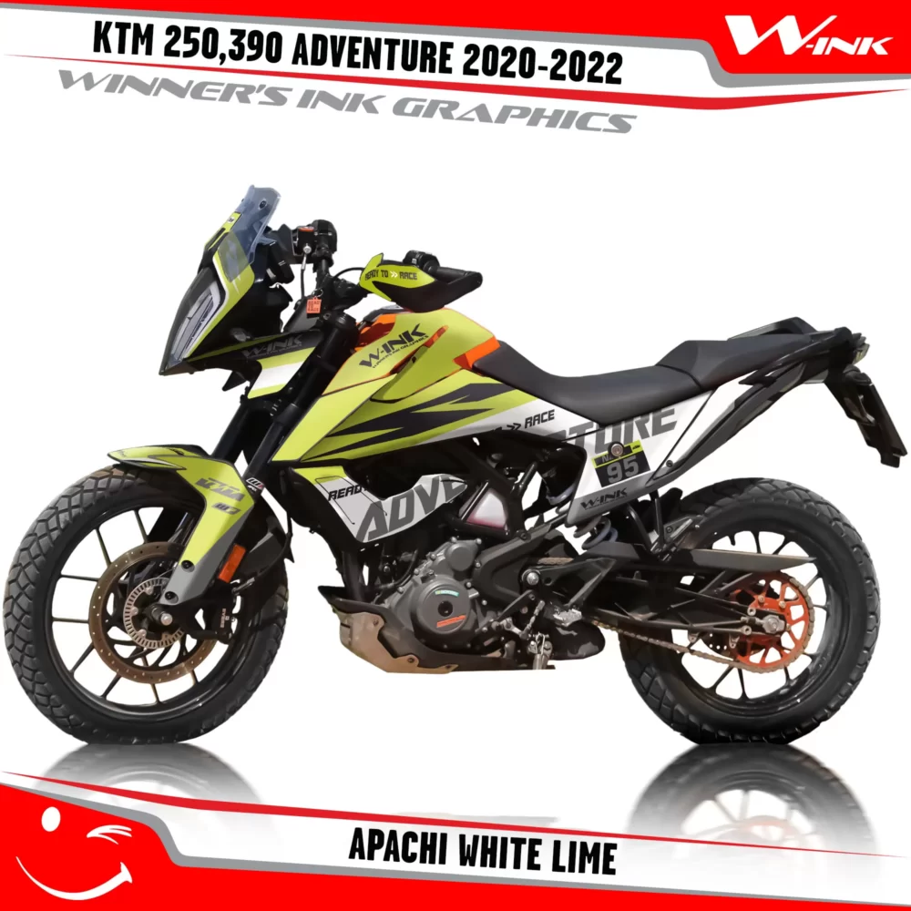 Adventure-250-390-2020-2021-2022-graphics-kit-and-decals-with-designs-Apachi-White-Lime