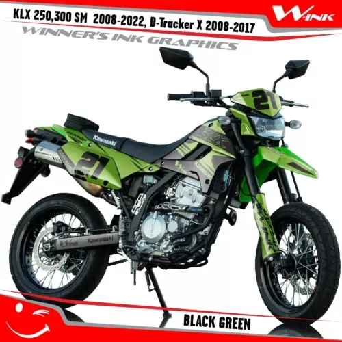 Kawasaki-KLX-250-300-SM-2008-2009-2010-2011-2012-2018-2019-2020-2021-2022-D-Tracker-X-2008-2017-graphics-kit-and-decals-Black-Green