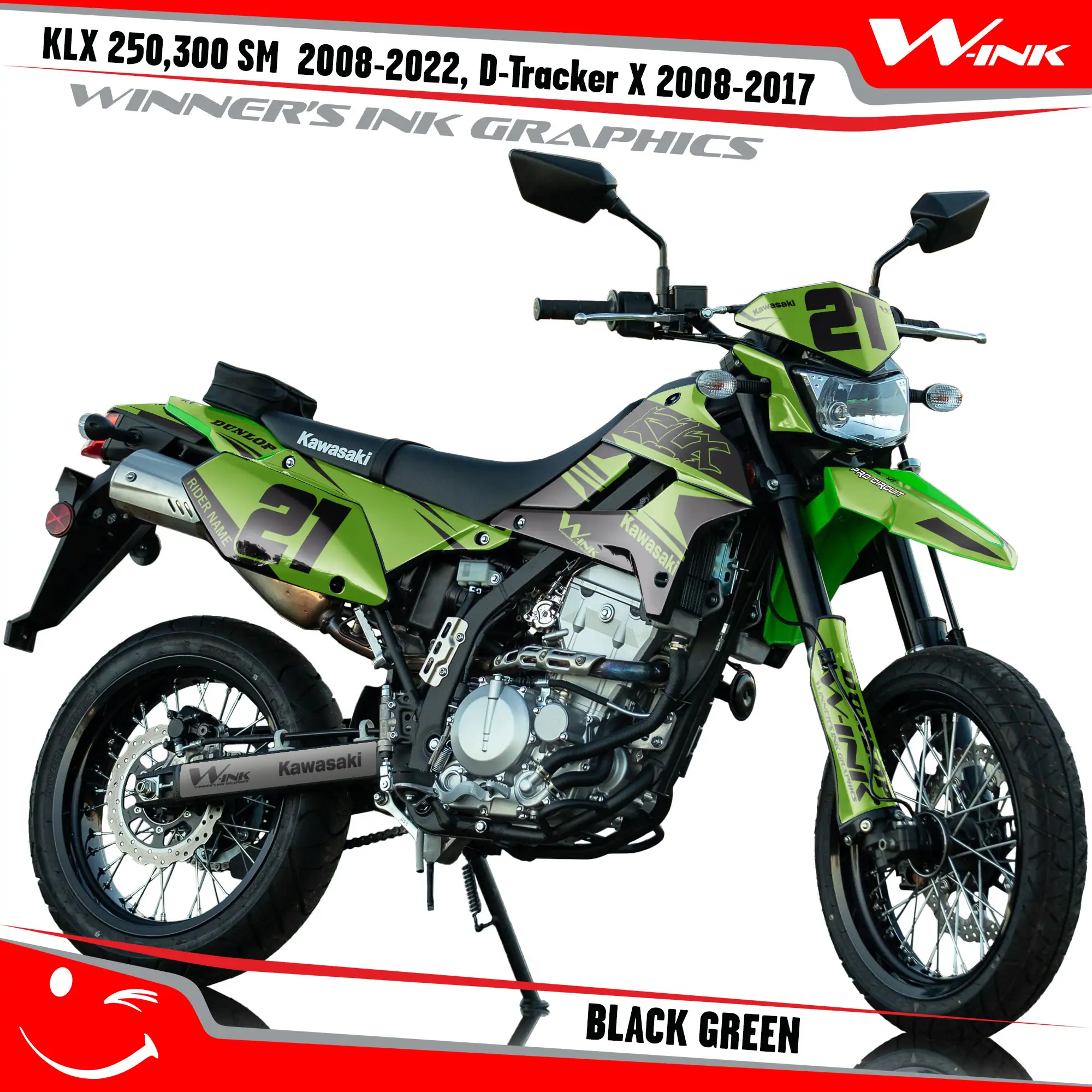 Kawasaki KLX250 (2008-2020) KLX 250 Snagged シリーズ用グラフィックスキット - グリーン Graphics  Kit for Kawasaki KLX250 (2008-2020) KLX 250 Snagged Series - Green