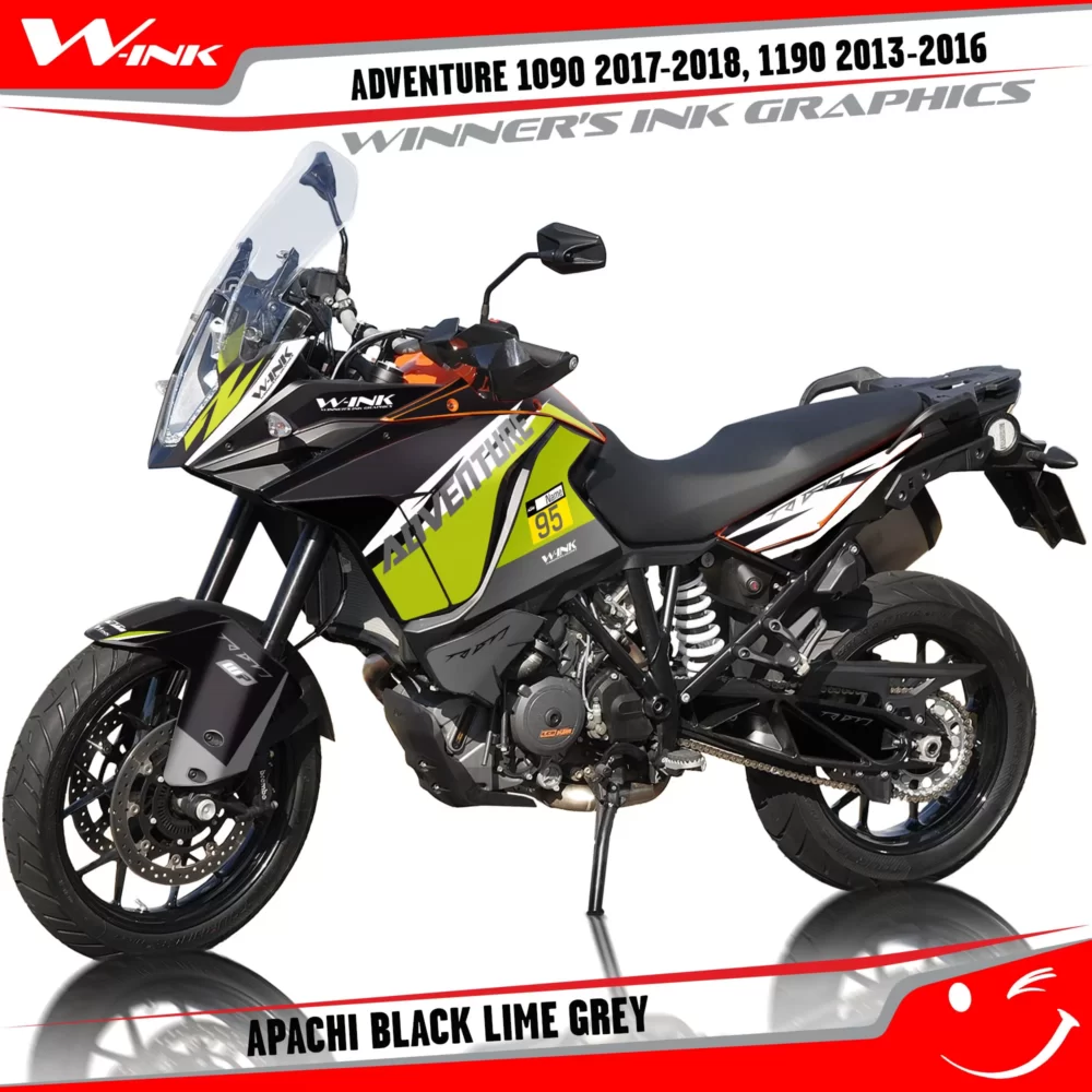 KTM-Adventure-1090-2017-2018-2019-1190-2013-2014-2015-2016-graphics-kit-and-decals-with-designs-Apachi-Black-Lime-Grey