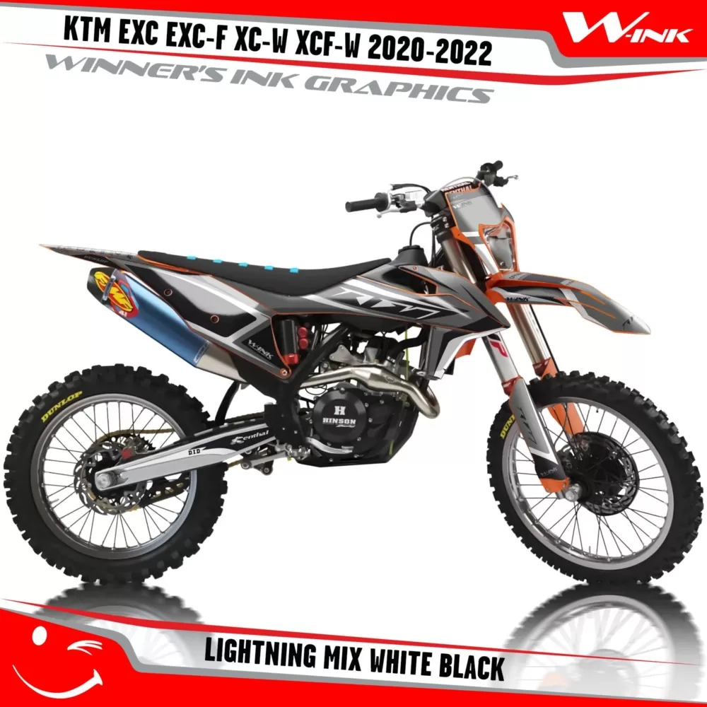KTM-EXC-EXC-F-XC-W-XCF-W-2020-2021-2022-graphics-kit-and-decals-with-design-Lightning-Mix-White-Black