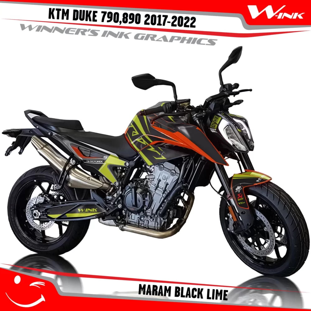 KTM-Duke-790-890-2017-2022-graphics-kit-and-decals-with-design-Maram-Black-Lime