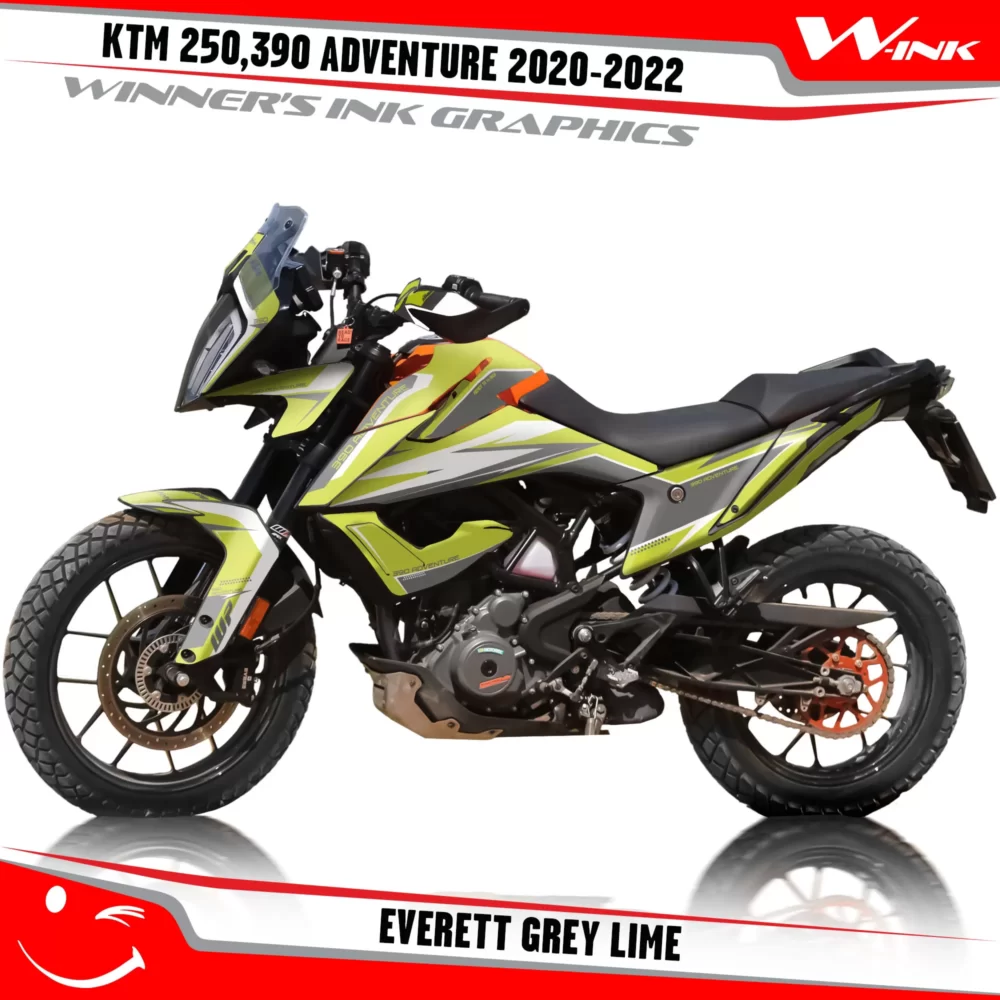 Adventure-250-390-2020-2021-2022-graphics-kit-and-decals-with-designs-Everett-Grey-Lime