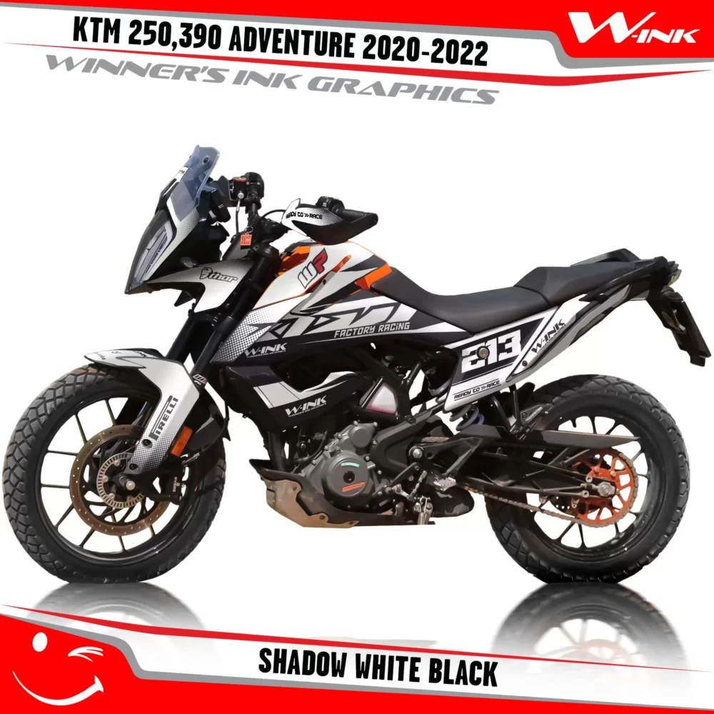 Adventure-250-390-2020-2021-2022-graphics-kit-and-decals-with-designs-Shadow-White-Black