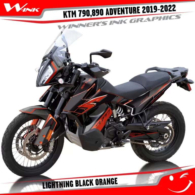 Adventure-790-890-2019-2020-2021-2022-graphics-kit-and-decals-with-designs-Lightning-Black-Orange