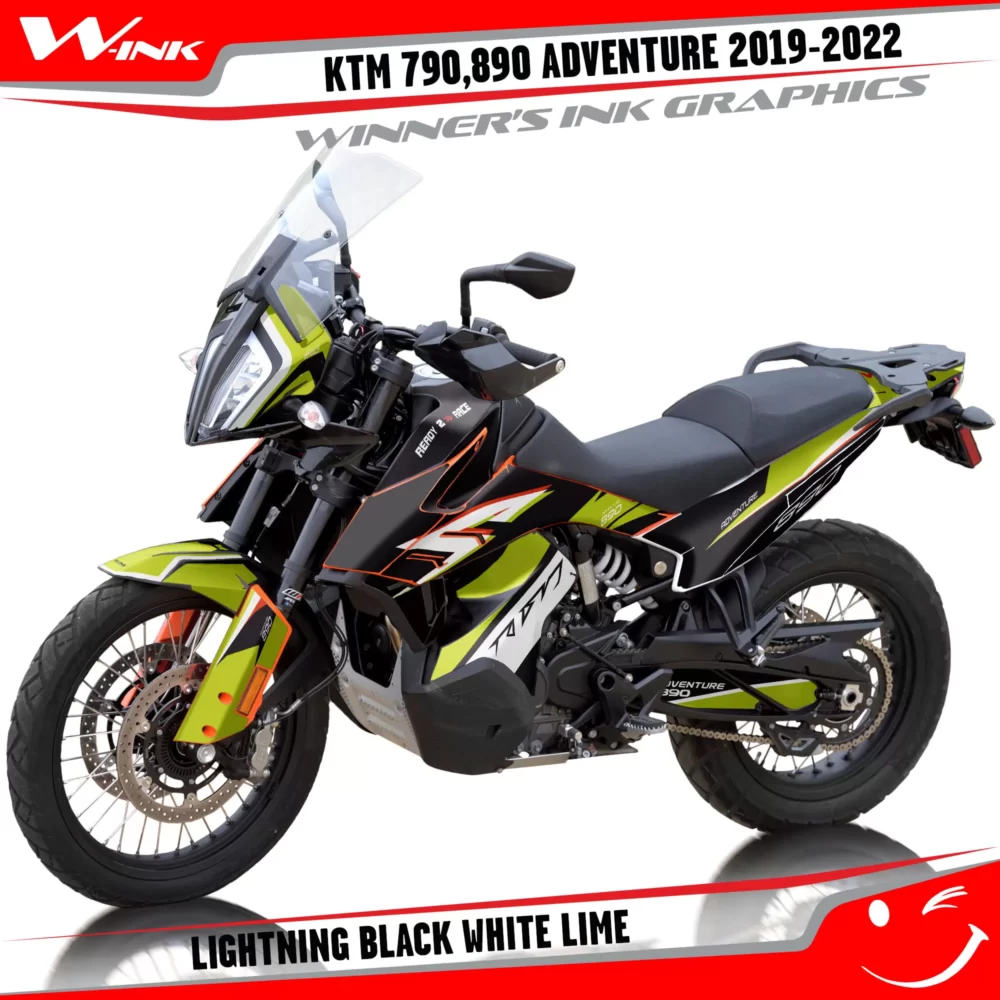 Adventure-790-890-2019-2020-2021-2022-graphics-kit-and-decals-with-designs-Lightning-Black-White-Lime