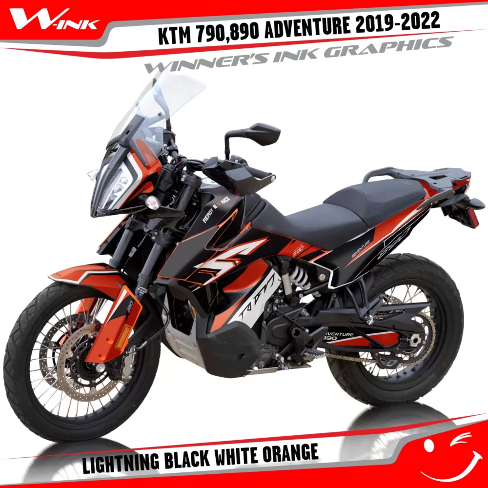 Adventure-790-890-2019-2020-2021-2022-graphics-kit-and-decals-with-designs-Lightning-Black-White-Orange