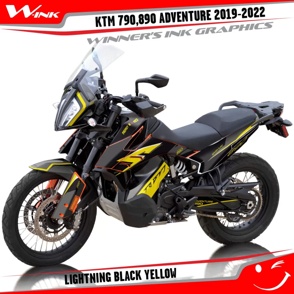 Adventure-790-890-2019-2020-2021-2022-graphics-kit-and-decals-with-designs-Lightning-Black-Yellow
