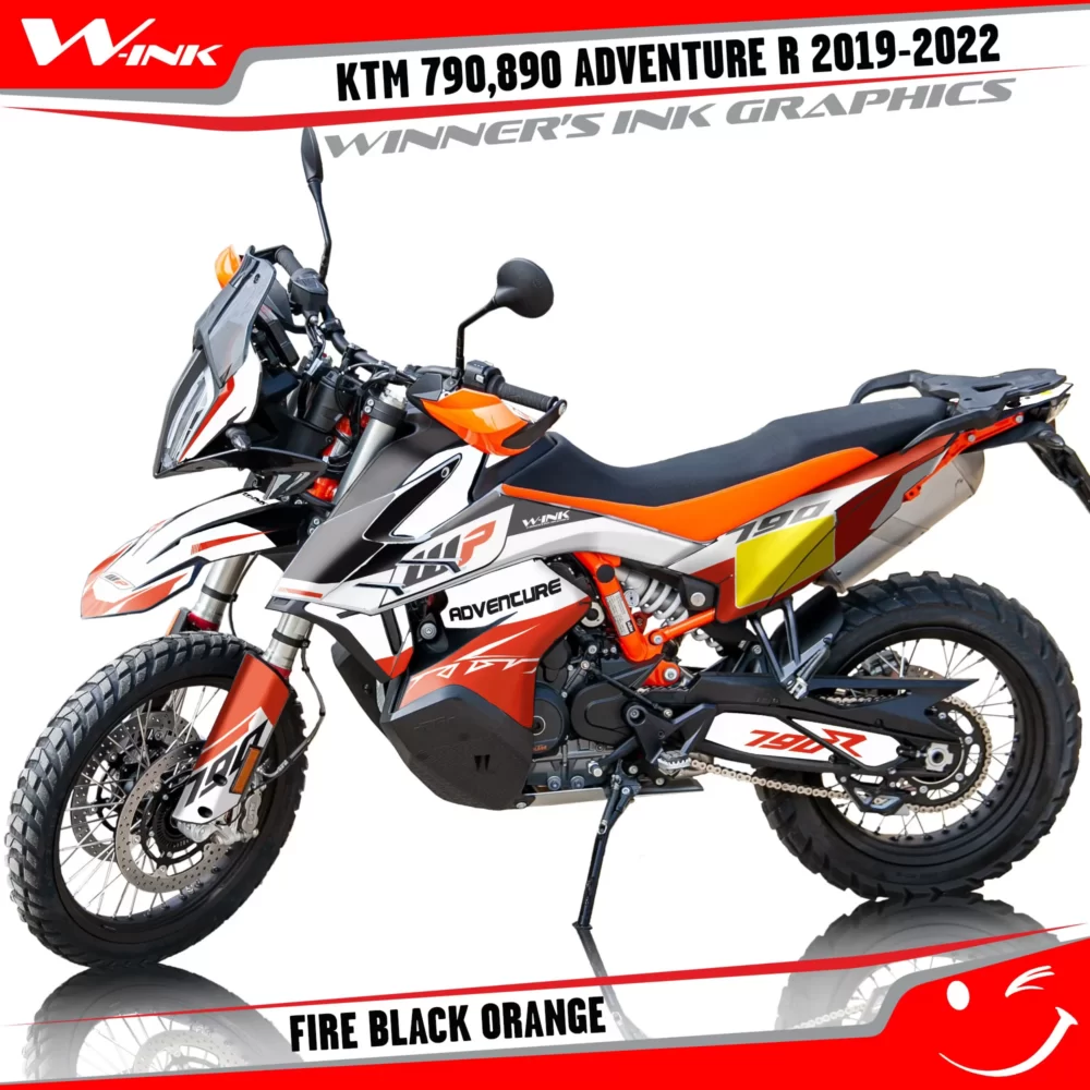 Adventure-R-790-890-2019-2020-2021-2022-graphics-kit-and-decals-with-designs-Fire-Black-Orange