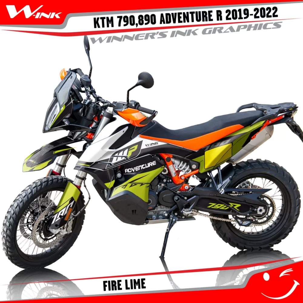 Adventure-R-790-890-2019-2020-2021-2022-graphics-kit-and-decals-with-designs-Fire-Lime