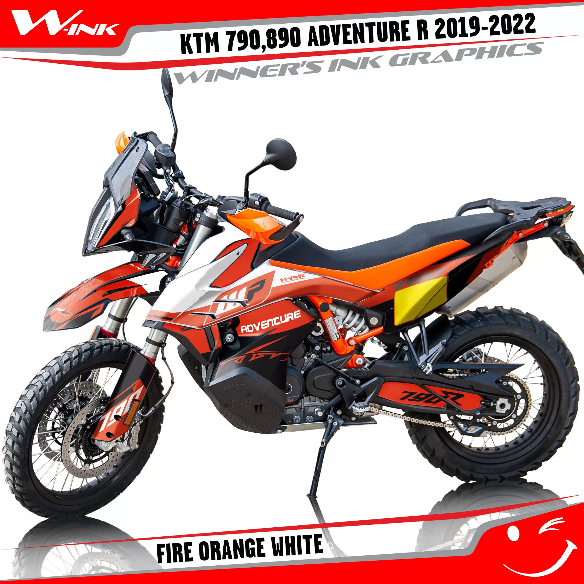 Adventure-R-790-890-2019-2020-2021-2022-graphics-kit-and-decals-with-designs-Fire-Orange-White