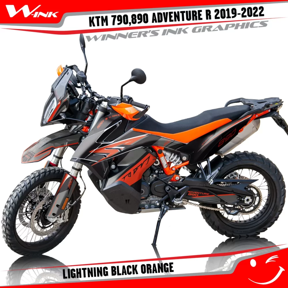 Adventure-R-790-890-2019-2020-2021-2022-graphics-kit-and-decals-with-designs-Lightning-Black-Orange