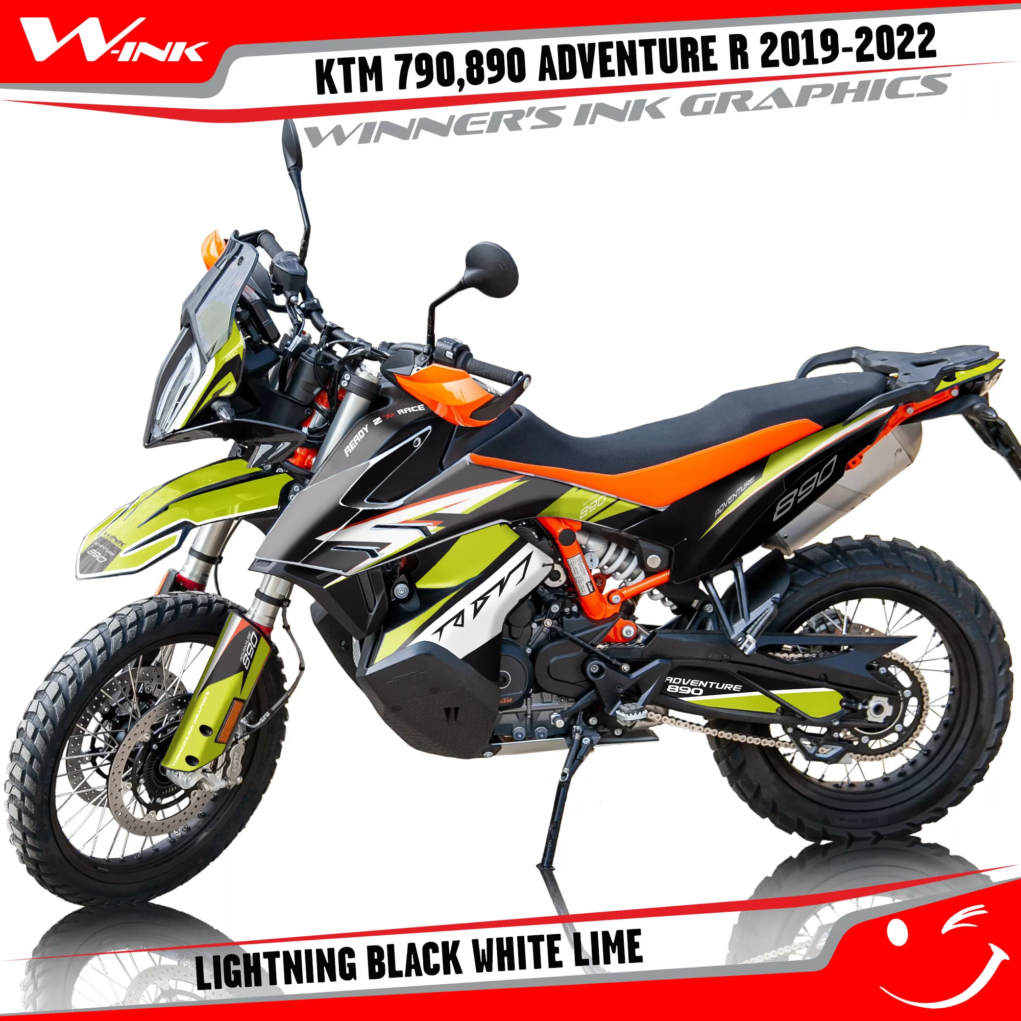 Adventure-R-790-890-2019-2020-2021-2022-graphics-kit-and-decals-with-designs-Lightning-Black-White-Lime