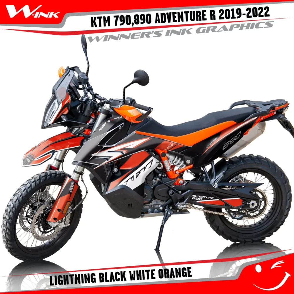 Adventure-R-790-890-2019-2020-2021-2022-graphics-kit-and-decals-with-designs-Lightning-Black-White-Orange