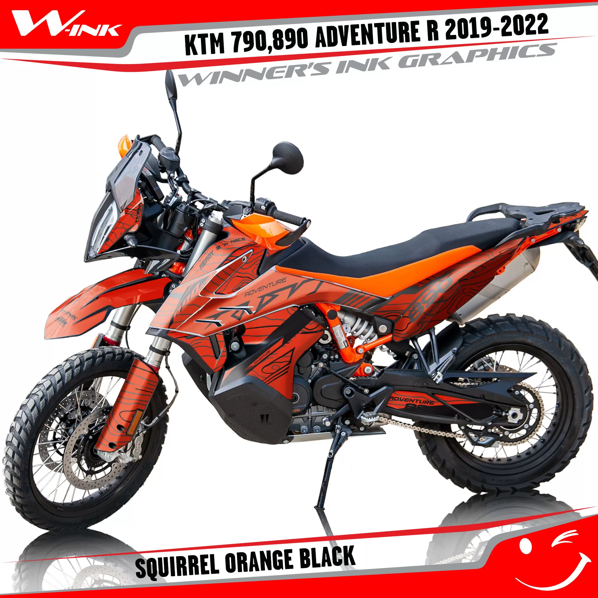 Adventure-R-790-890-2019-2020-2021-2022-graphics-kit-and-decals-with-designs-Squirrel-Orange-Black