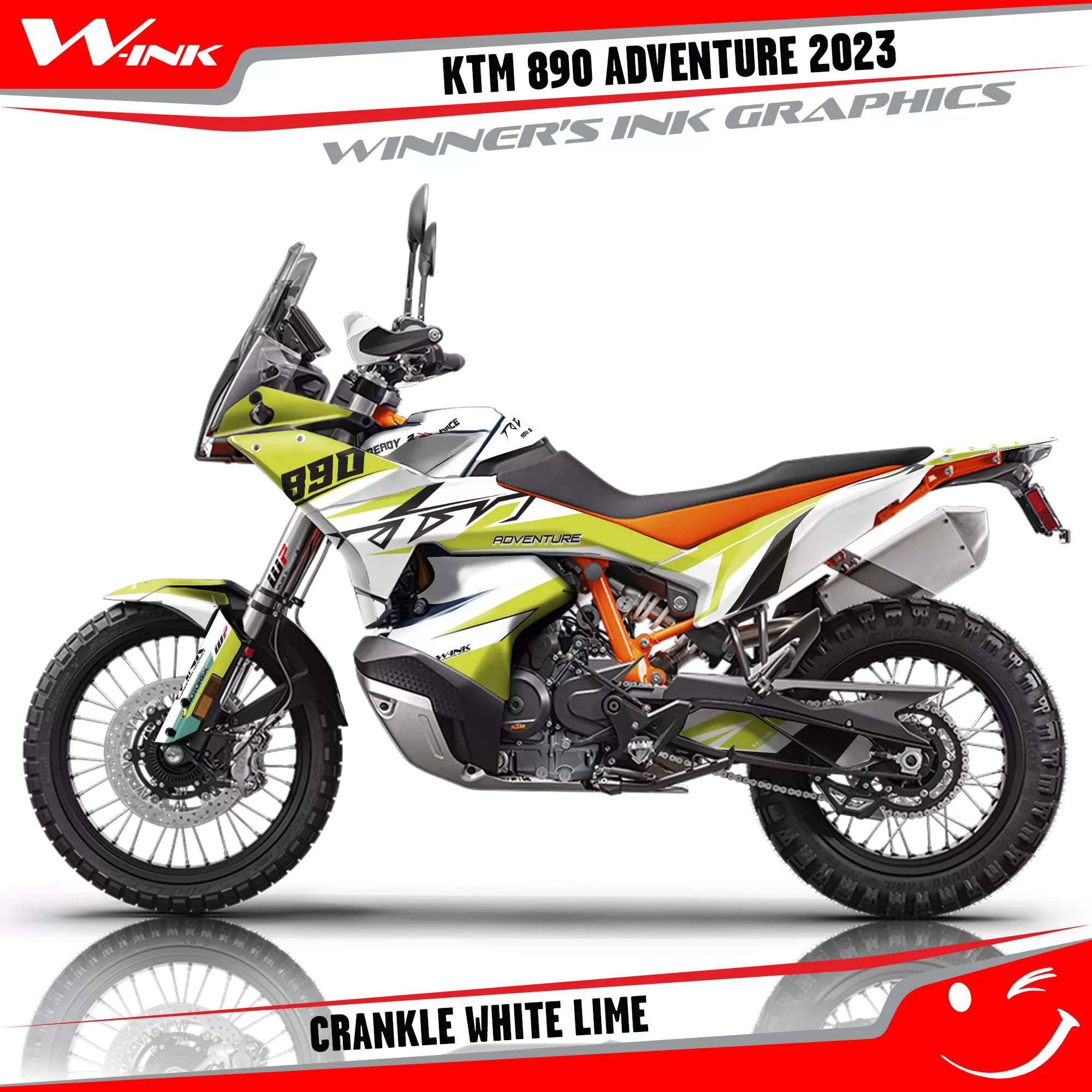 Adventure-890-2023-graphics-kit-and-decals-with-design-Crankle-White-Lime
