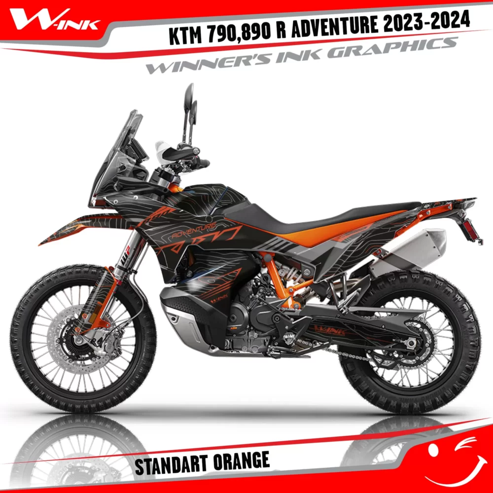 Adventure-790-890-R-2023-2024-graphics-kit-and-decals-with-design-Standart-Black-Orange