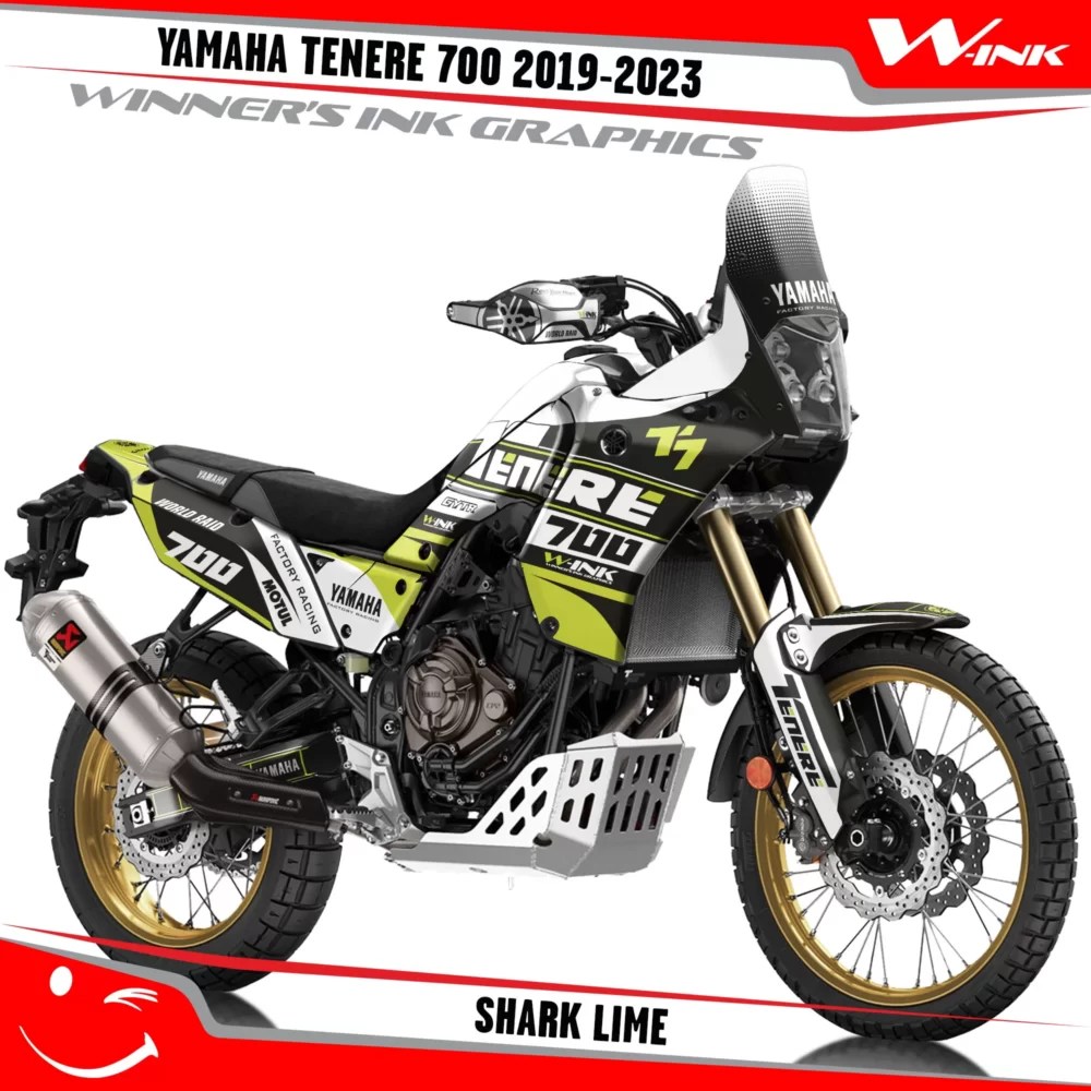Yamaha-Tenere-700-2019-2020-2021-2022-2023-graphics-kit-and-decals-with-desing-Shark-Black-Lime