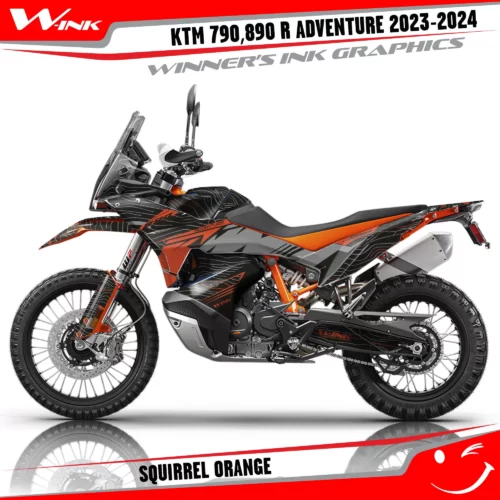 Adventure-790-890-R-2023-2024-graphics-kit-and-decals-with-design-Squirrel-Black-Orange