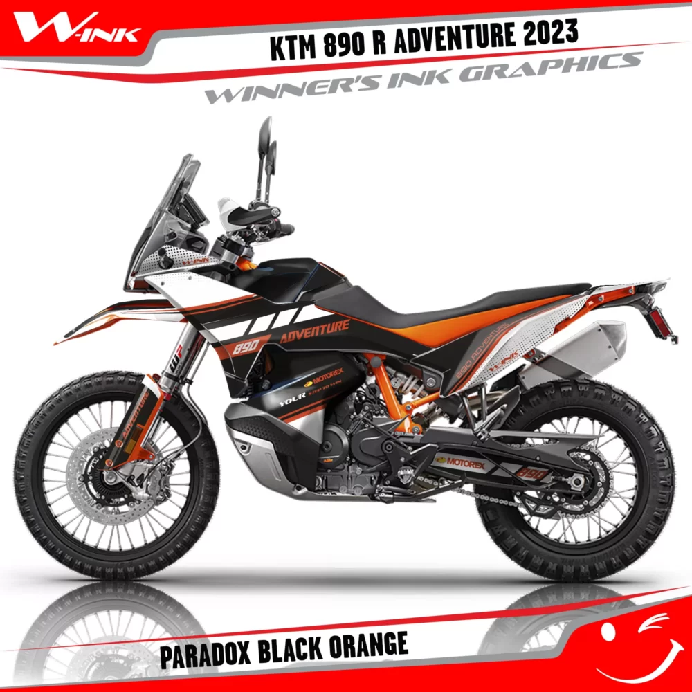 Adventure-890-R-2023-graphics-kit-and-decals-with-design-Paradox-Black-Orange